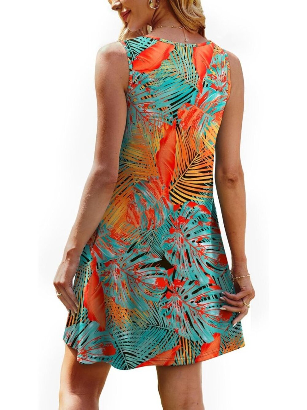 Women's Floral Orange Beach Vacation Casual Crew Neck Sleeveless Sun Mini Dress - Picture 5 of 5